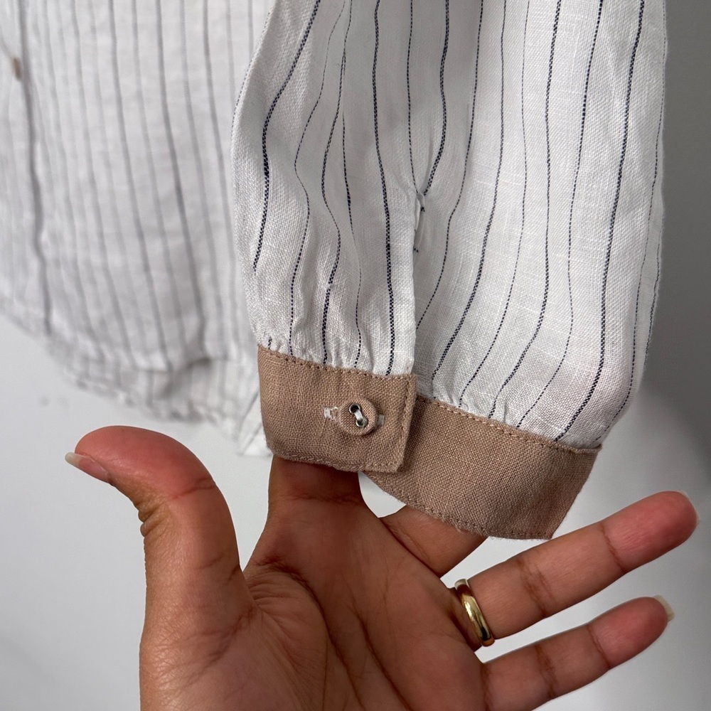 100% linen Striped White and Brown Button-Up Shirt - Picture 3 of 11